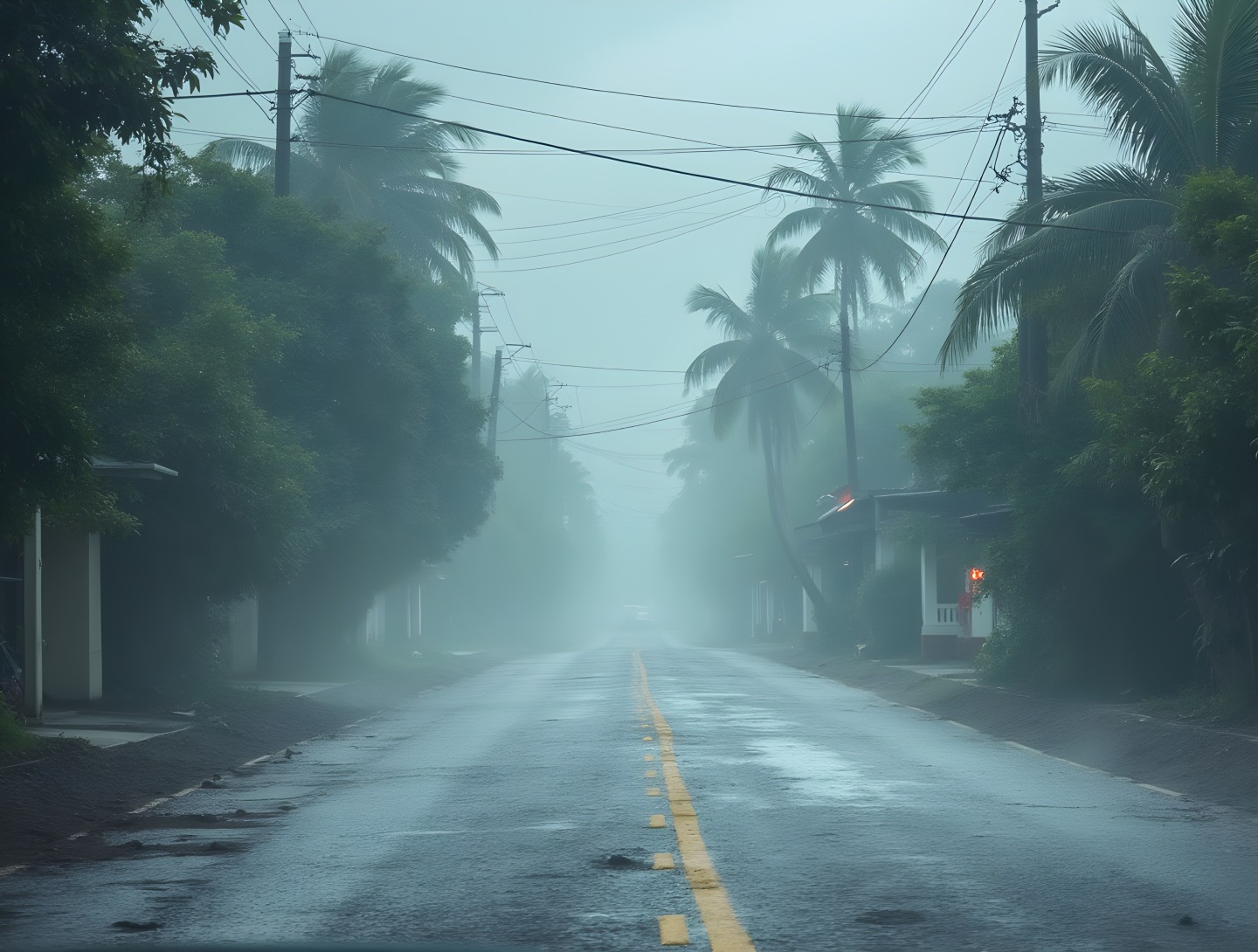 Rue bordée de palmiers sous une pluie cyclonique, illustrant l'État des Risques et Pollutions (ERP)