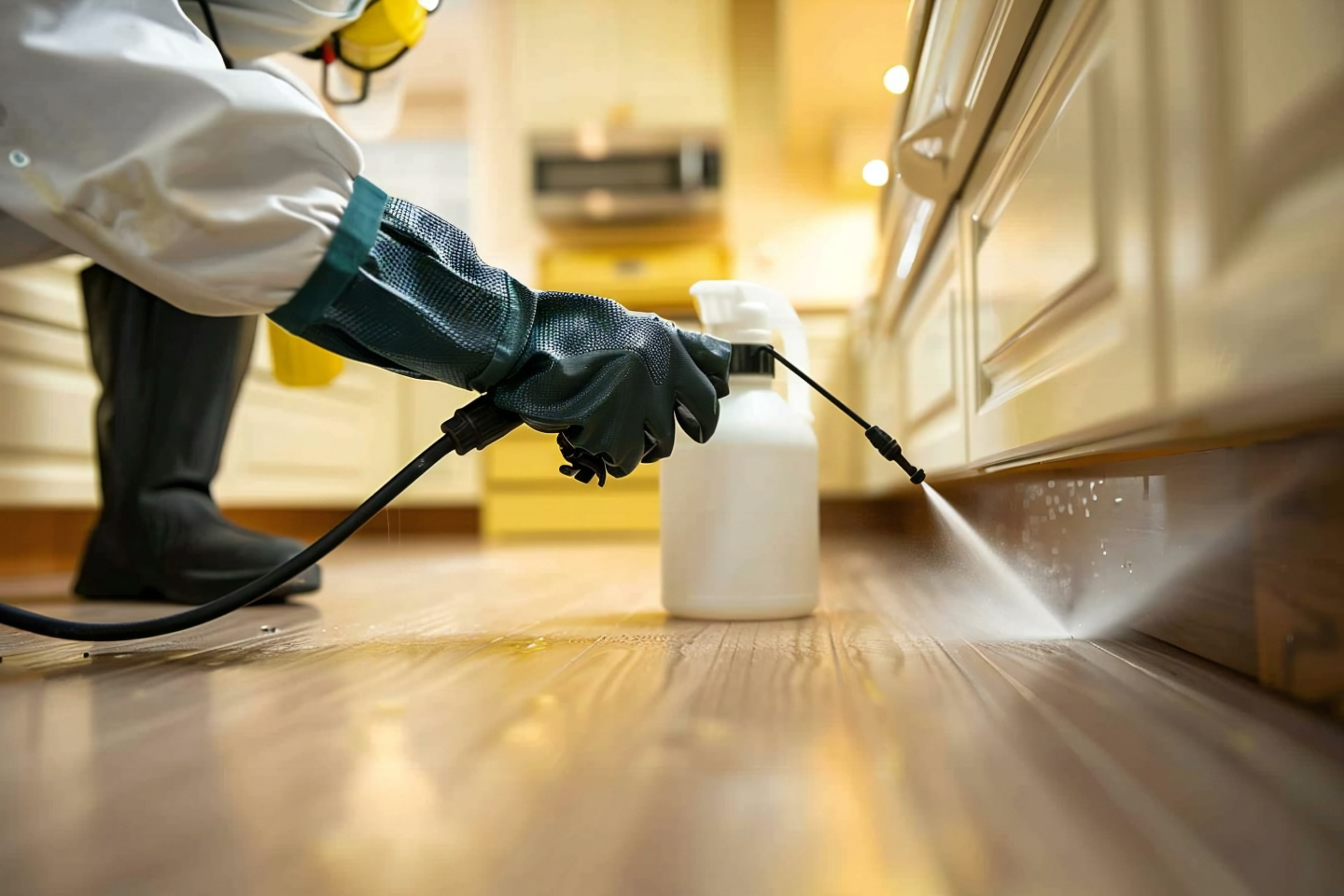 Technicien ganté pulvérisant un traitement anti-termites au pied des meubles d'une cuisine